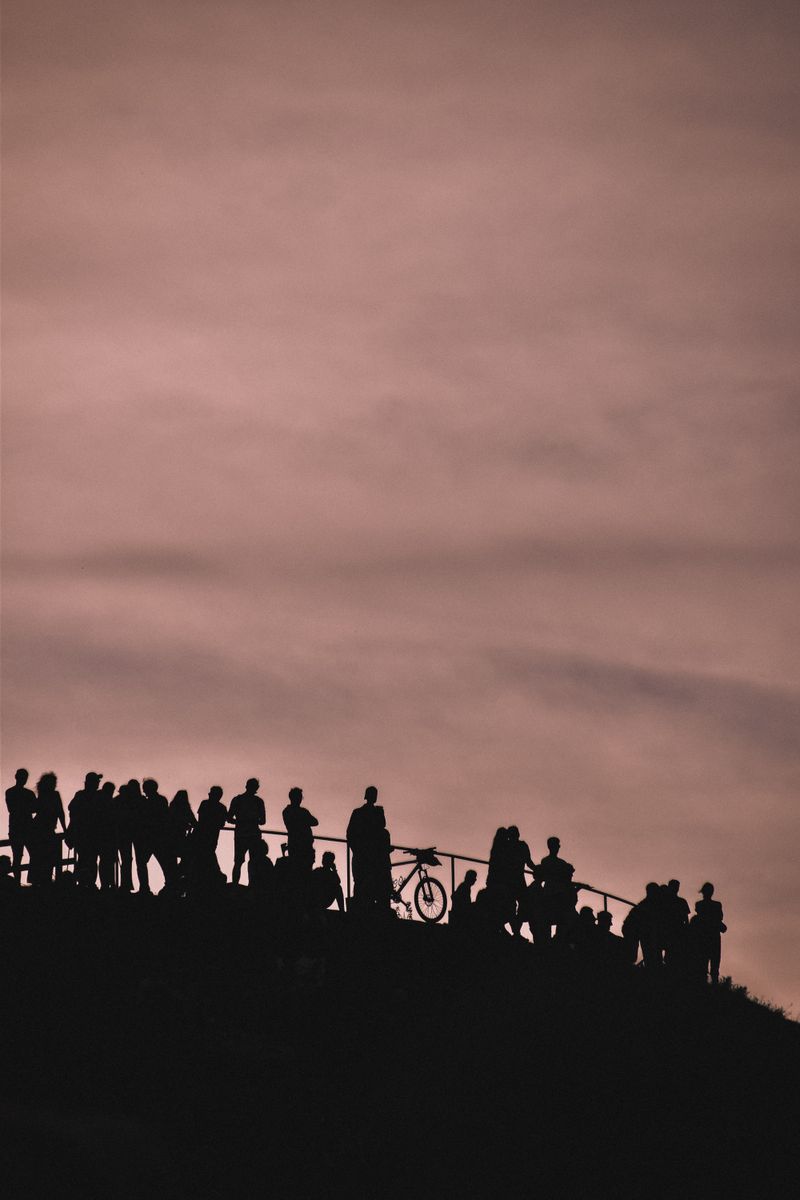 Silhouetted crowd gathered on a hillside at dusk — photo by Elena on Pexels