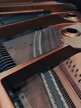 Detailed view of grand piano strings and soundboard showcasing musical instrument craftsmanship.