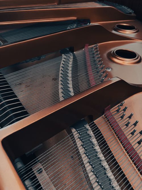 Free Detailed view of grand piano strings and soundboard showcasing musical instrument craftsmanship. Stock Photo