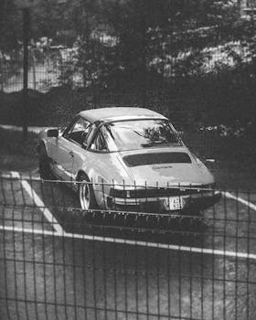 Classic vintage sports car parked in a monochrome setting, captured from behind.