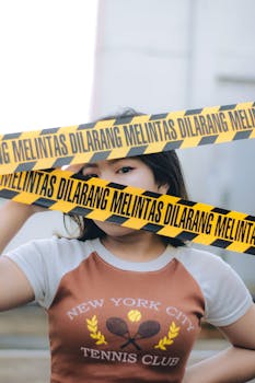 Woman posing behind caution tape with intriguing expression outdoors in Cimahi, Indonesia.