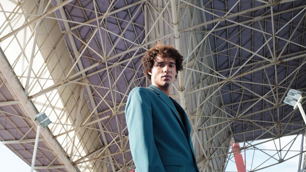 Fashionable man in a blazer with curly hair stands under modern architectural structure.