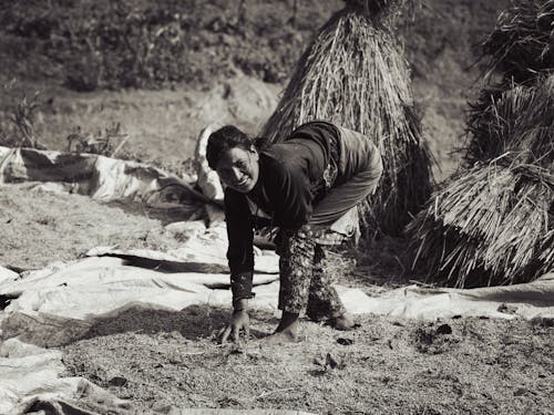 Woman Drying Rice Grains