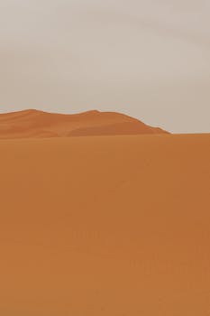 A tranquil view of orange sand dunes in a vast arid desert under a clear sky.