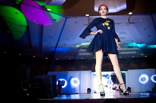 Fashion model strutting on runway during a vibrant fashion show in Morelia, capturing dynamic energy and style.