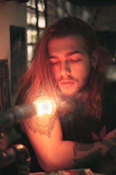 昏暗的室内环境中，灯泡照亮了一位留着长发的男子的肖像，展示出他的纹身
