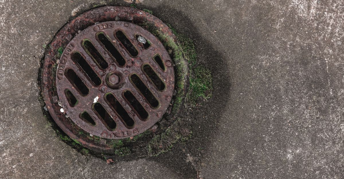 Close-up photo of a rusty drain grate with moss, offering a textured urban look.