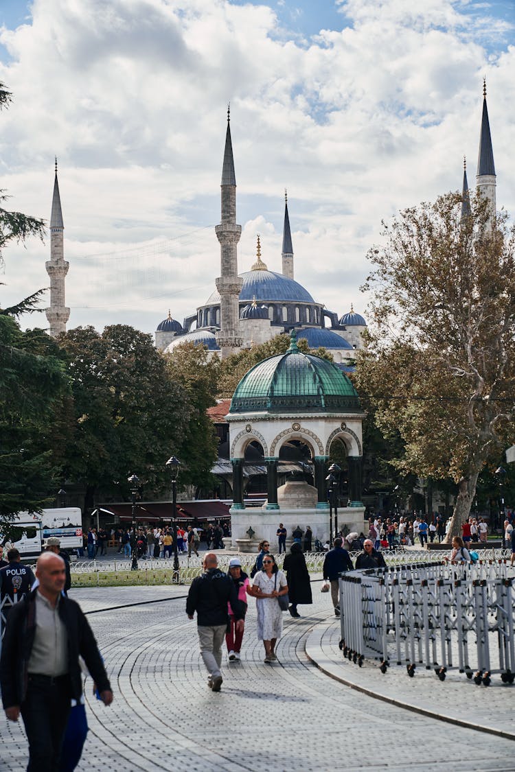 German Fountain With Background View Of The Sultan Ahmed Mosque In Istanbul, Turkey