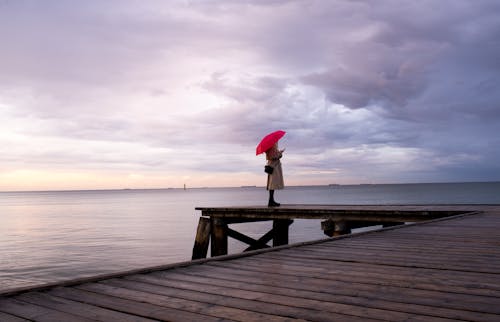 A Person using a Pink Umbrella Standing on Wooden Dock