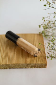 Close-up of a makeup product on a wooden surface with greenery, ideal for product photography.