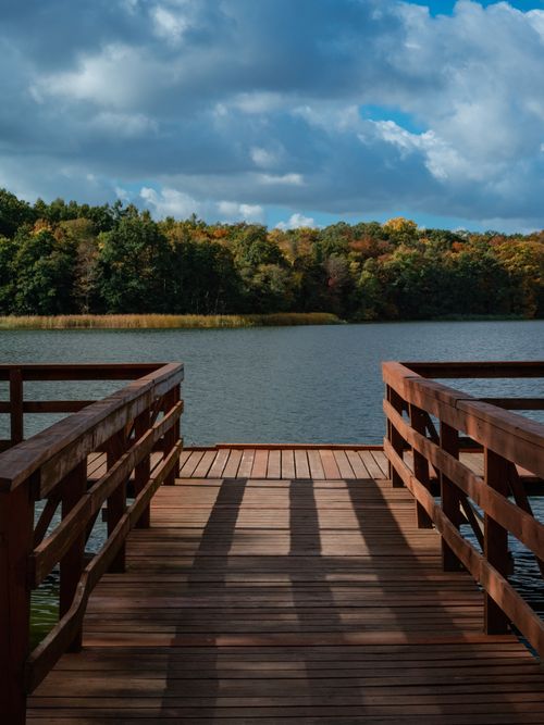 Free Serene view of a wooden dock leading to a tranquil lake surrounded by autumn foliage. Stock Photo