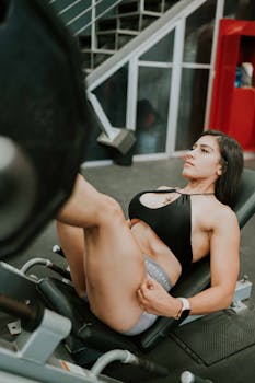 Fit woman using a leg press machine at the gym, focusing on strength training.