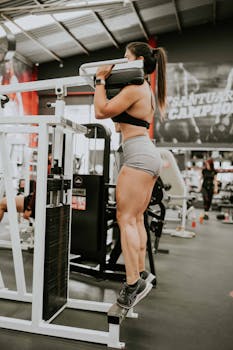Fit woman using gym machine to work out in a modern fitness center.