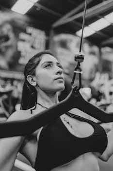 Black and white portrait of a woman training with gym equipment, showcasing strength and determination.