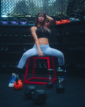 Young woman in sportswear sitting with dumbbells and kettlebells around her in a gym setting.