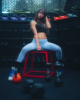 A fit woman sitting on a gym bench surrounded by kettlebells and dumbbells, showcasing strength and style.