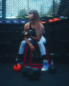 Focused woman lifting dumbbells in modern gym setting, emphasizing strength training.