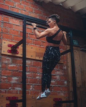 Woman in activewear doing pull-ups on a bar in an indoor gym setting.