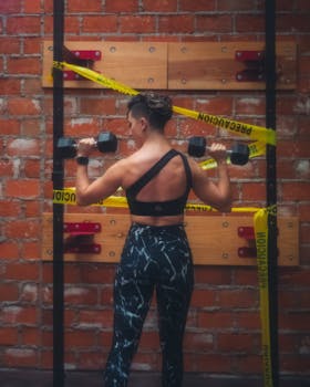 Athletic woman working out with dumbbells in an industrial-style gym environment.