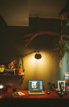 Warmly lit home office desk space featuring a laptop, lamp, plants, and a creative ambiance.