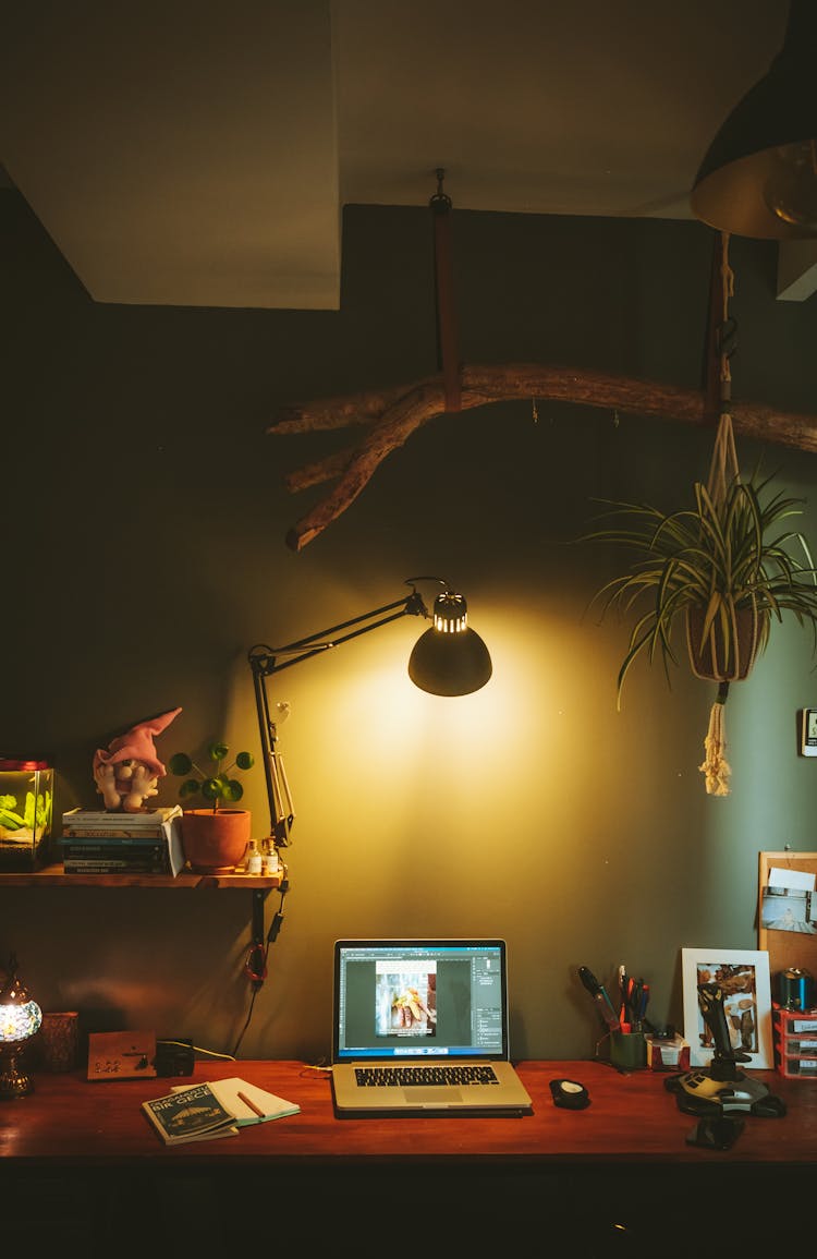 Lamp Over Laptop On Desk