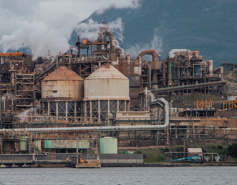 A detailed view of an industrial site by the Derwent River in Hobart, Tasmania.