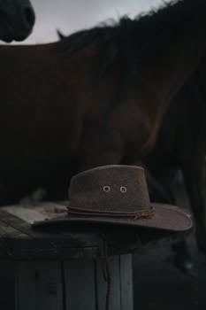 A rustic, brown cowboy hat on a wooden table with a horse in the background, evoking a Western theme.