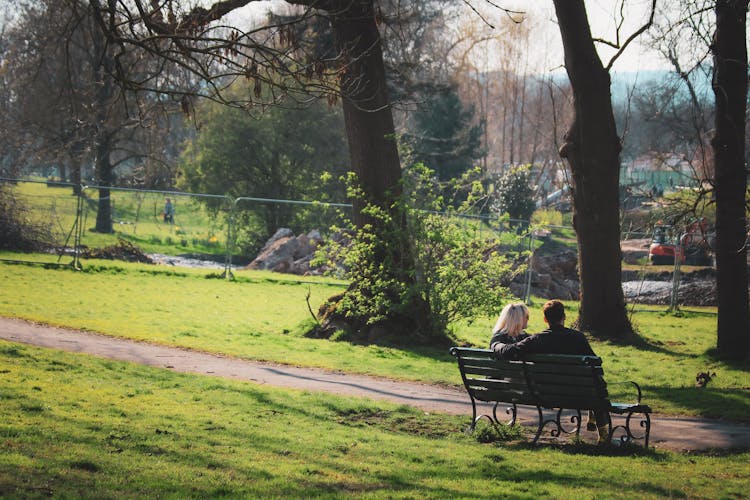 Man And Woman Sitting On Bench Near Trees