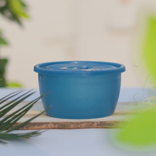 Free A blue plastic storage container with a lid, positioned outdoors with a natural background. Stock Photo