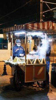 Night scene of a street food vendor in Istanbul selling roasted corn from a cart.