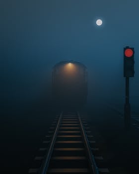 Atmospheric train scene in foggy night with full moon and red signal light, creating a mysterious mood.