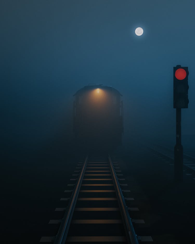 Train Carriage On Foggy Night With Full Moon 