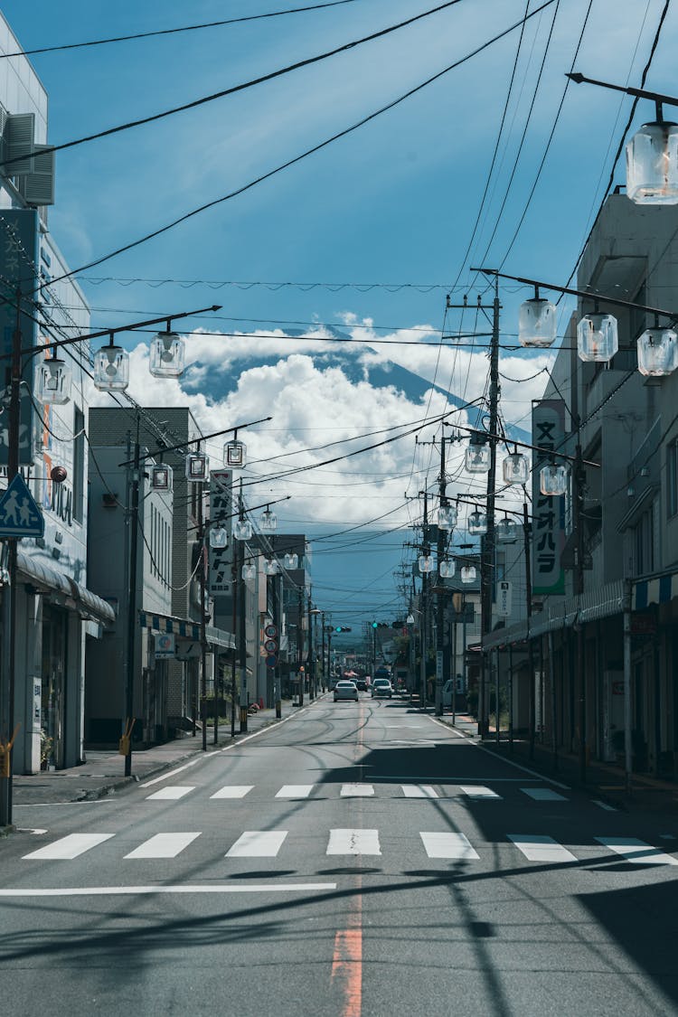 Fujiyoshida Honcho Street, City Street In Fujiyoshida With The View Of Mount Fuji, Japan 