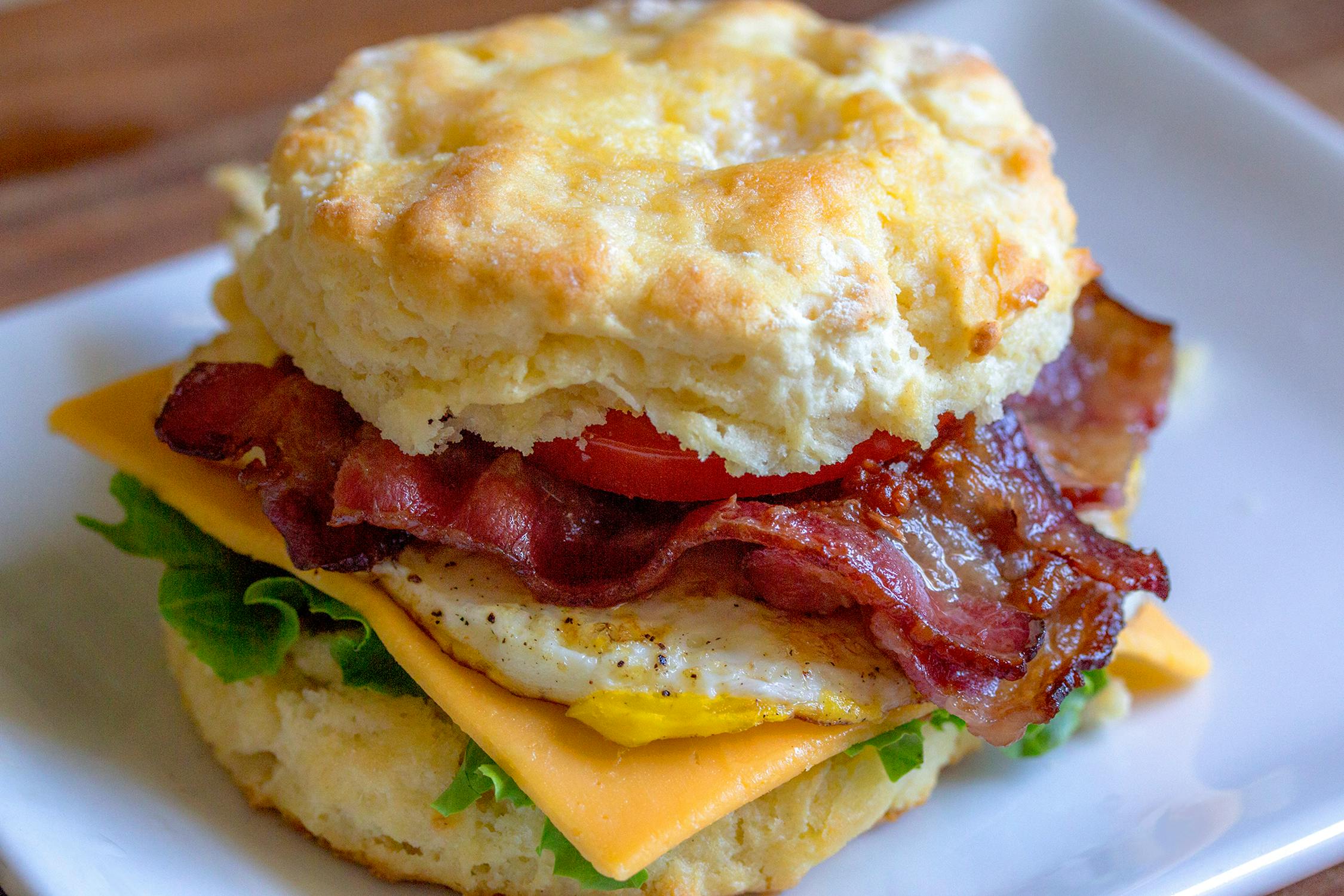 sausage, egg, and cheese sandwich on biscuit
