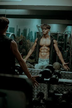 A muscular man exercises in a gym, showcasing abs in the mirror reflection, surrounded by fitness equipment.