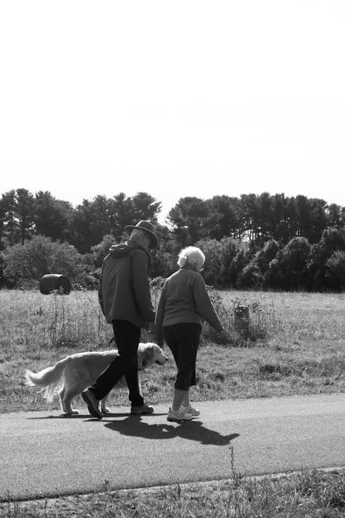 A Man and Woman Walking with Dog 