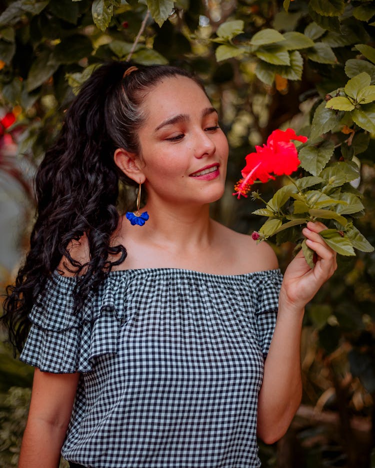 Brunette In Checked Off Shoulder Blouse 