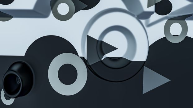Modern abstract art with geometric shapes, circles, and arrows in monochrome tones.