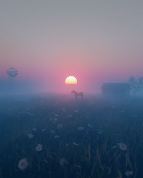 Fog envelops a tranquil rural landscape at sunrise with a lone horse, barn, and windmill in view.