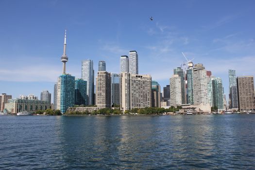 A scenic view of Toronto's skyline featuring iconic skyscrapers and the CN Tower reflecting on Lake Ontario.