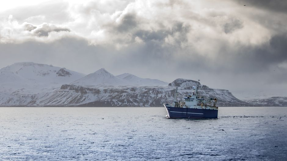 Blue ship navigating icy waters against a backdrop of majestic snow-covered mountains under a dramatic sky.