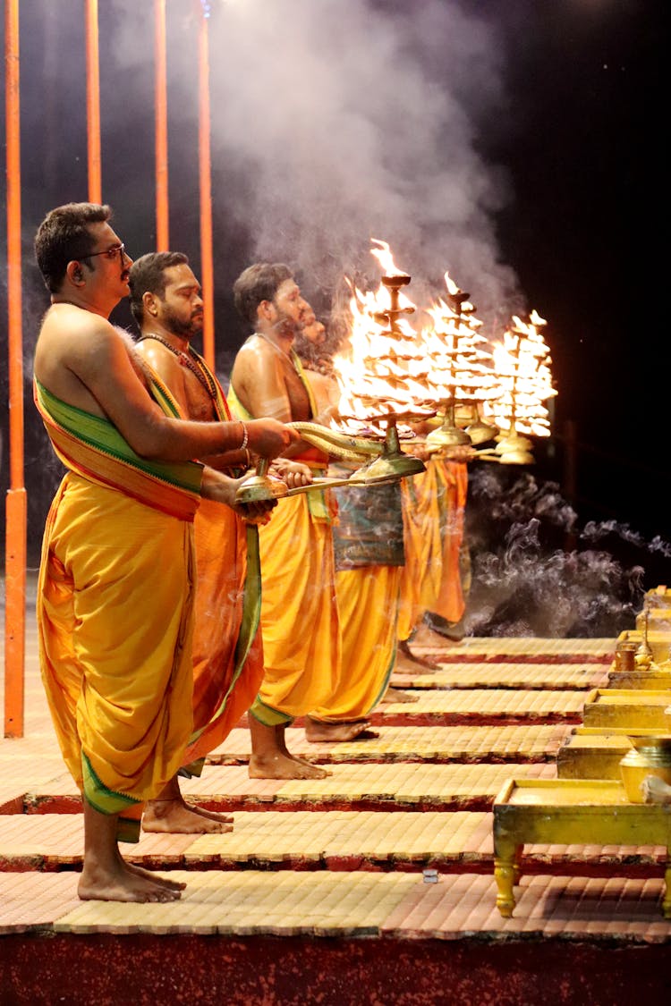 Priests Performing Holy Ganga Aarti Ceremony