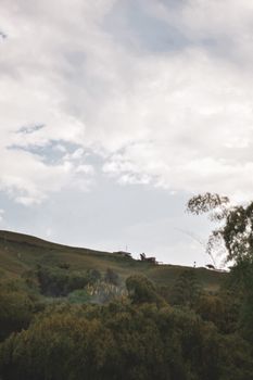 Peaceful landscape of a hillside under a cloudy sky. Ideal for serene nature backgrounds.