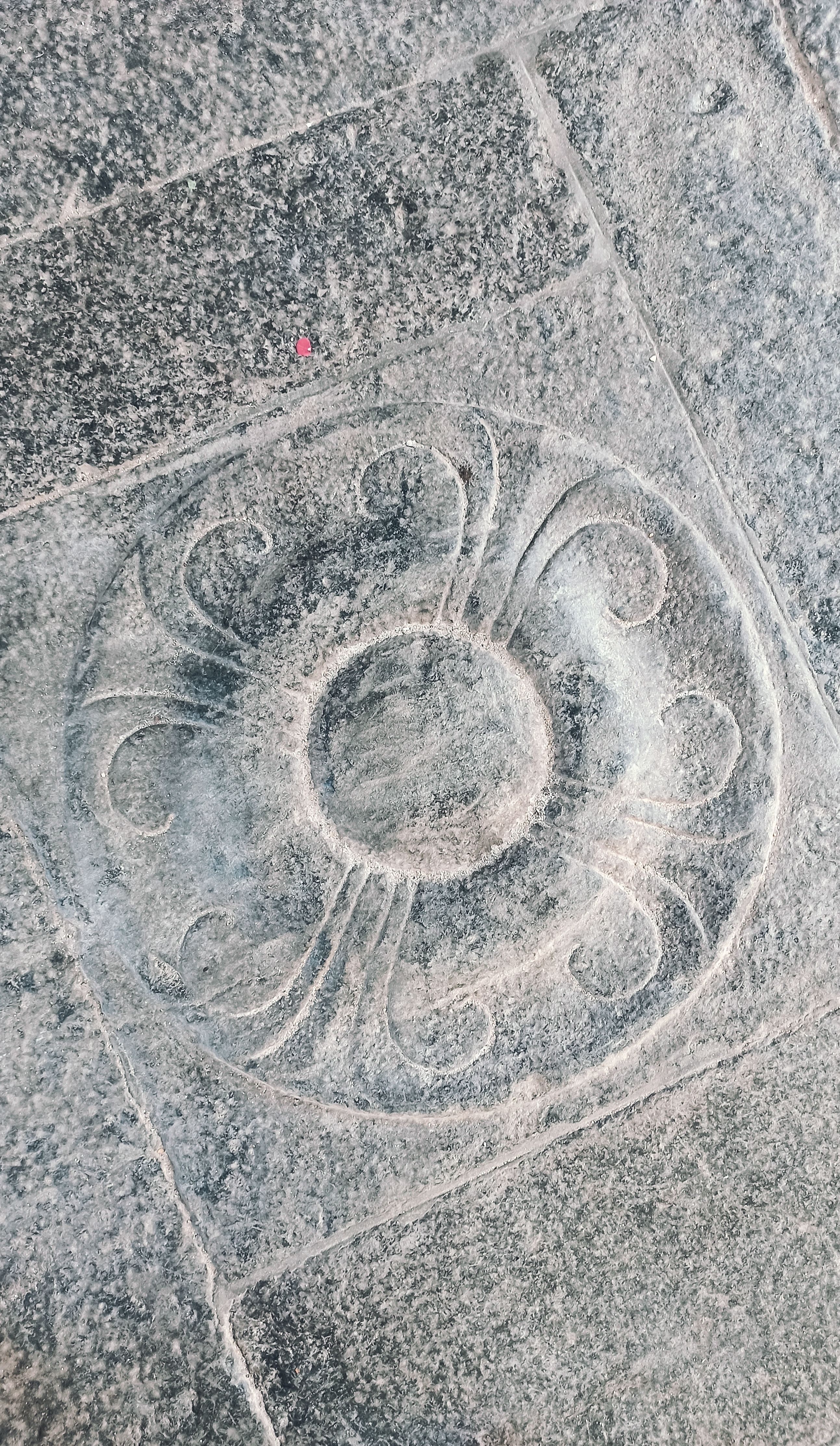 Elegant circular stone carving design on textured pavement surface.