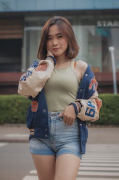 Young Asian woman posing in casual street style outfit outdoors. Perfect for fashion and lifestyle themes.