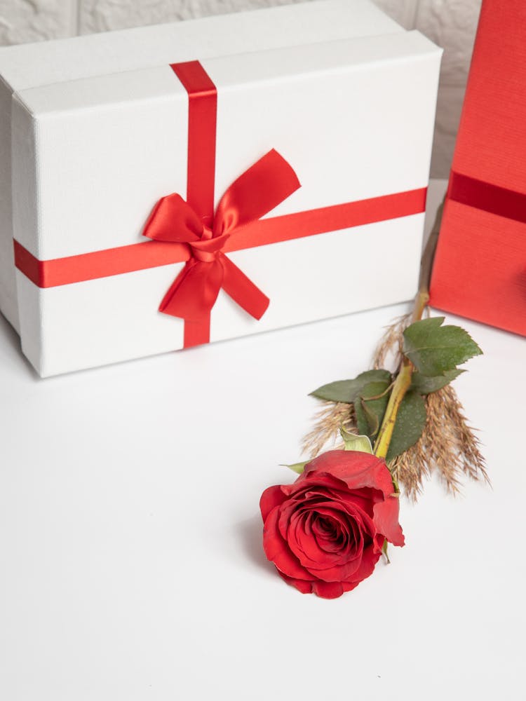 A Red Rose And Gift On The White Surface