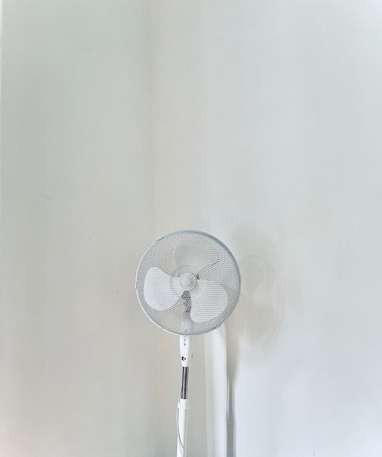 A Stand Fan Beside A White Wall