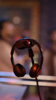 Close-up of a microphone and headphones in a music studio setting creating a professional audio atmosphere.