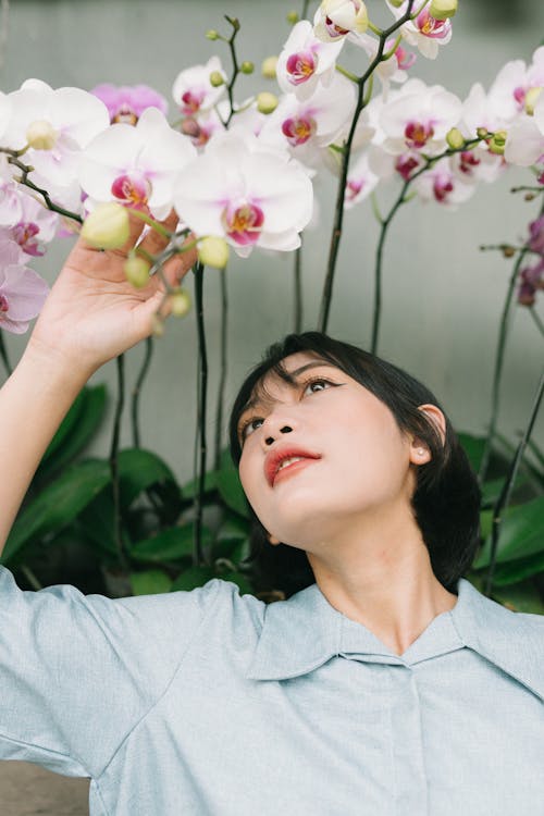 A Woman in a Gray Top Looking at Orchid Flowers