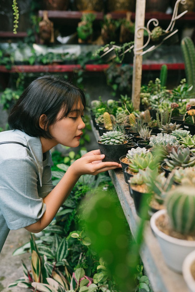 Girl Choosing Plant In Shop